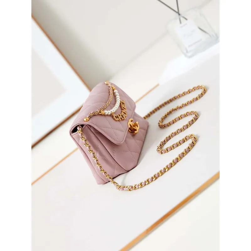 Chanel AS4986 Mini Flap bag Shiny Lambskin  Imitation Pearls & Gold Tone Metal Pink