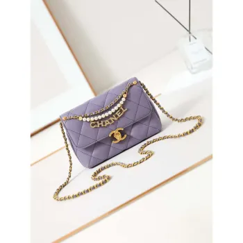 Chanel AS4986 Mini Flap bag Shiny Lambskin  Imitation Pearls & Gold Tone Metal Light Purple