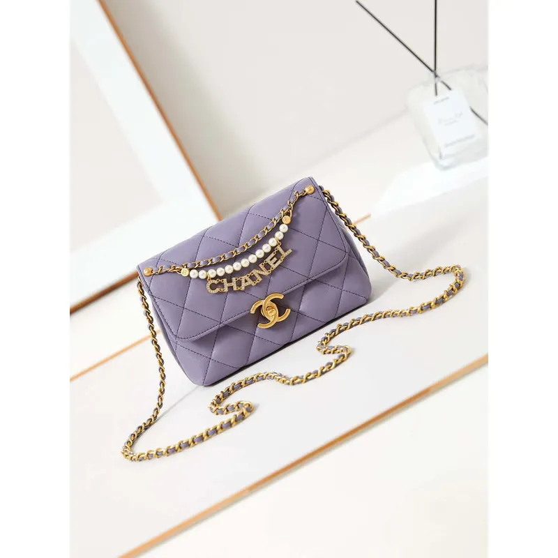 Chanel AS4986 Mini Flap bag Shiny Lambskin  Imitation Pearls & Gold Tone Metal Light Purple