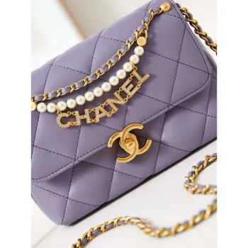 Chanel AS4986 Mini Flap bag Shiny Lambskin  Imitation Pearls & Gold Tone Metal Light Purple