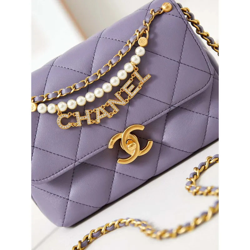 Chanel AS4986 Mini Flap bag Shiny Lambskin  Imitation Pearls & Gold Tone Metal Light Purple