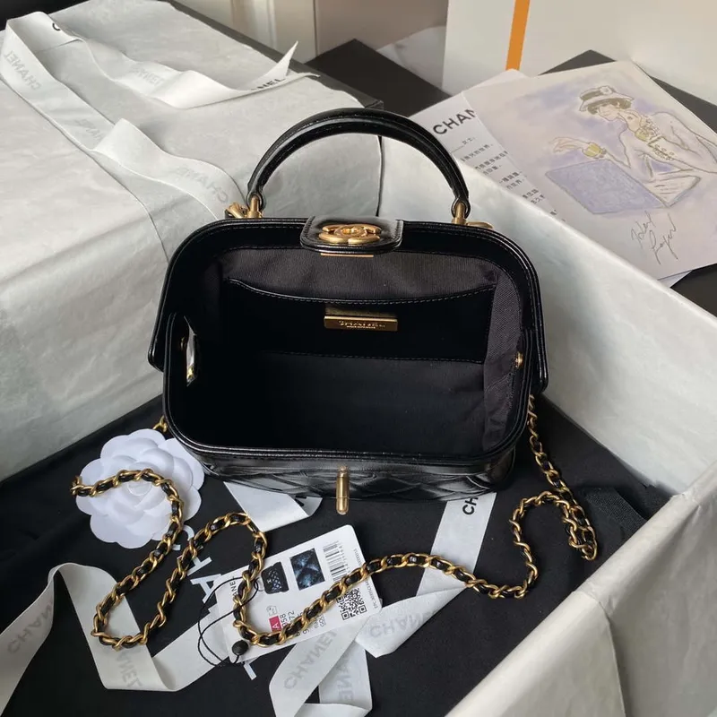 Chanel AS4958 Mini Flap bag With top handle Shiny Lambskin & Gold Tone Metal Black