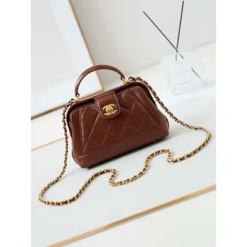 Chanel AS4958 Mini Flap bag With top handle Shiny Lambskin & Gold Tone Metal Brown