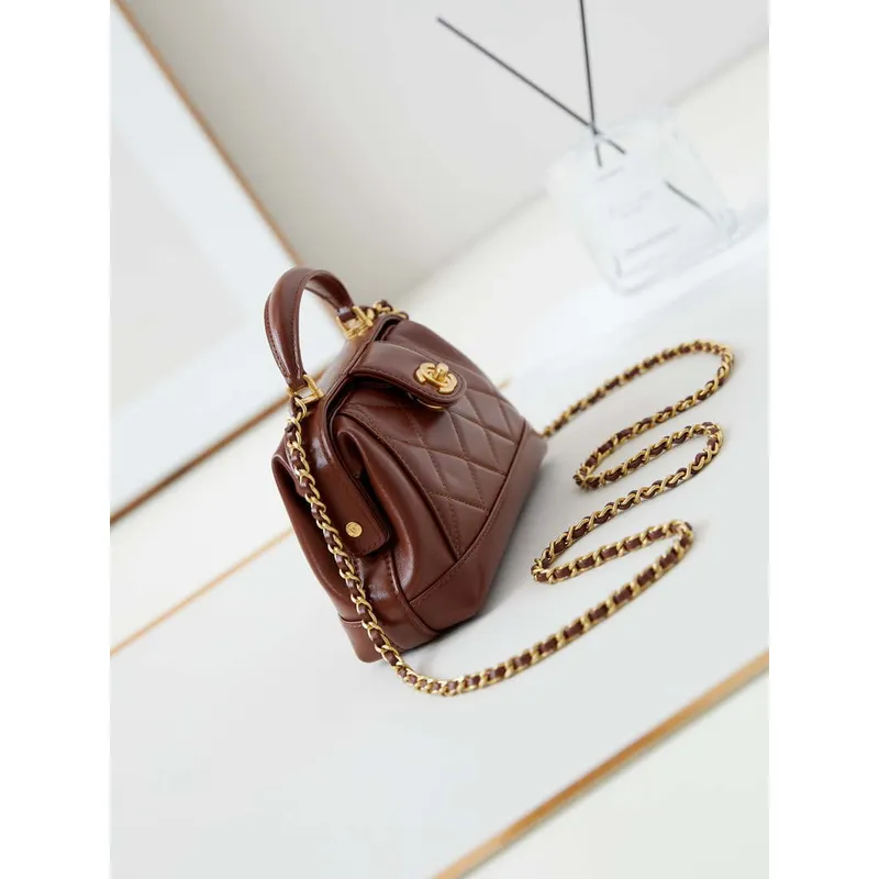 Chanel AS4958 Mini Flap bag With top handle Shiny Lambskin & Gold Tone Metal Brown