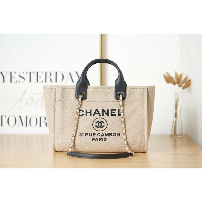 Chanel AS3257 Small Shopping Bag Mixed Fibers Calfskin & Gold Tone Metal Beige