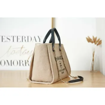 Chanel AS3257 Small Shopping Bag Mixed Fibers Calfskin & Gold Tone Metal Beige