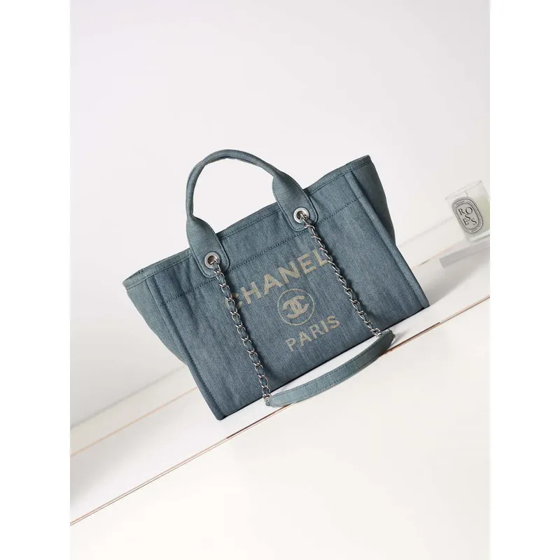 Chanel AS3257 Small Shopping Bag Mixed Fibers Calfskin & Gold Tone Metal Navy Blue