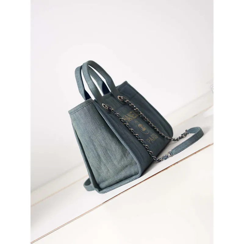 Chanel AS3257 Small Shopping Bag Mixed Fibers Calfskin & Gold Tone Metal Navy Blue