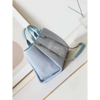 Chanel AS3257 Small Shopping Bag Mixed Fibers Calfskin & Gold Tone Metal Ligth Blue