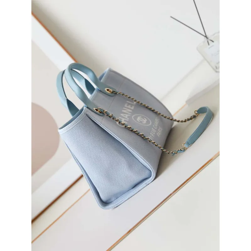 Chanel AS3257 Small Shopping Bag Mixed Fibers Calfskin & Gold Tone Metal Ligth Blue