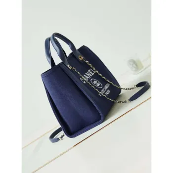 Chanel AS3257 Small Shopping Bag Mixed Fibers Calfskin & Gold Tone Metal Blue