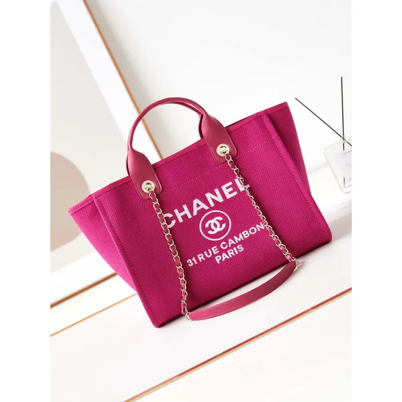 Chanel AS3257 Small Shopping Bag Mixed Fibers Calfskin & Gold Tone Metal Rose Red