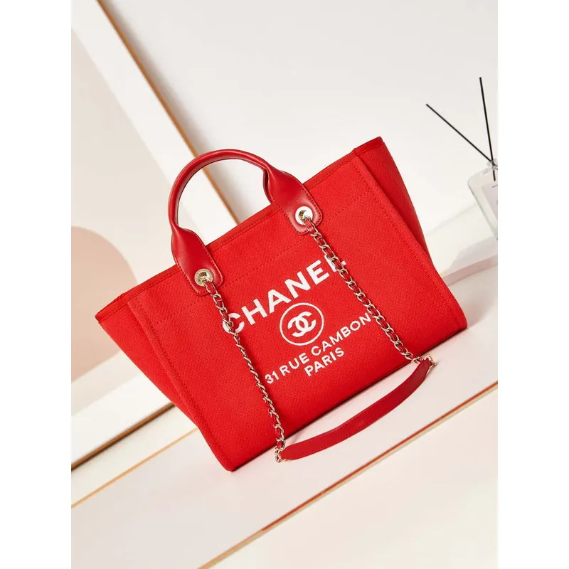 Chanel AS3257 Small Shopping Bag Mixed Fibers Calfskin & Gold Tone Metal Red