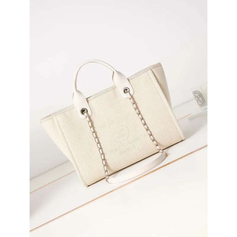 Chanel AS3257 Small Shopping Bag Mixed Fibers Calfskin & Gold Tone Metal White