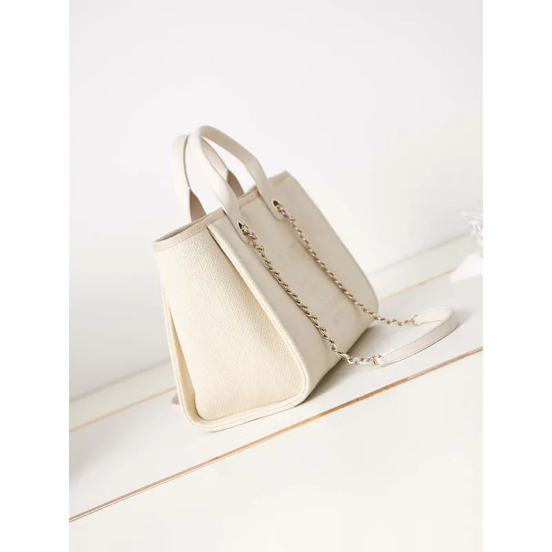 Chanel AS3257 Small Shopping Bag Mixed Fibers Calfskin & Gold Tone Metal White