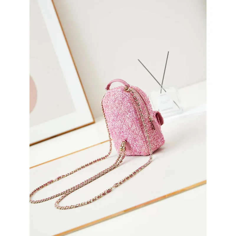 Chanel Ap3753 CLASSIC MINI Backpack Tweed & Gold Tone Metal Light Pink