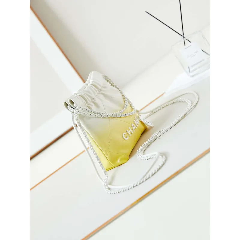 Chanel 22 Mini Handbag Patent Gradient Calfskin Lacquered Metal AS3980 White & Yellow