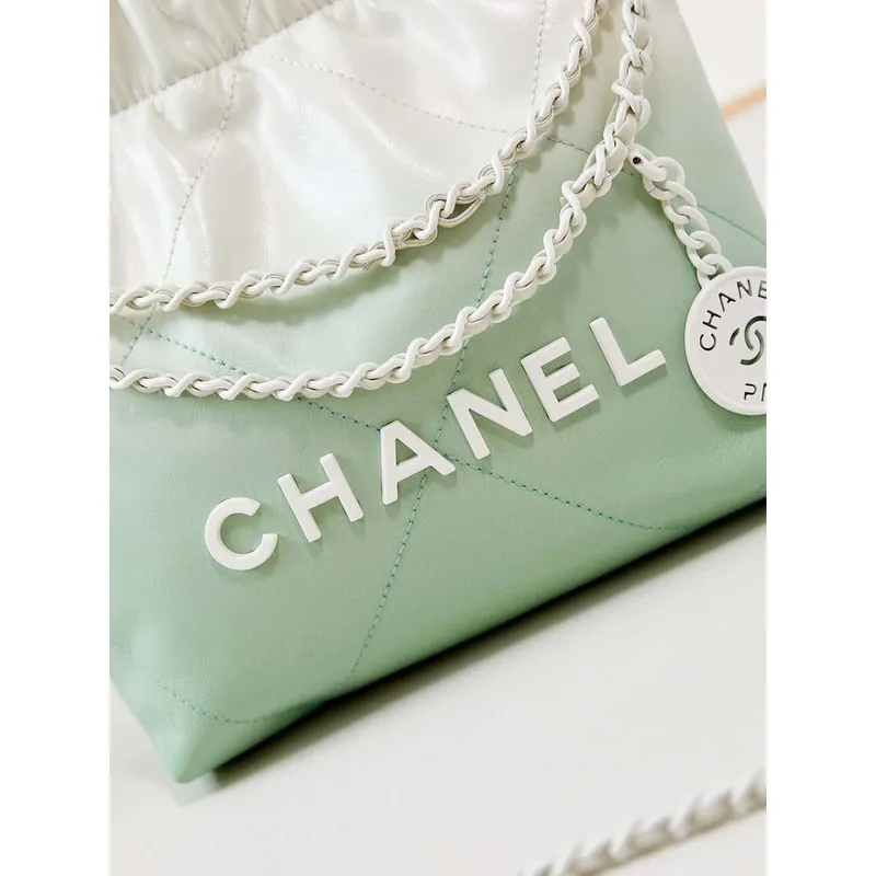 Chanel 22 Mini Handbag Patent Gradient Calfskin Lacquered Metal AS3980 White & Light Green