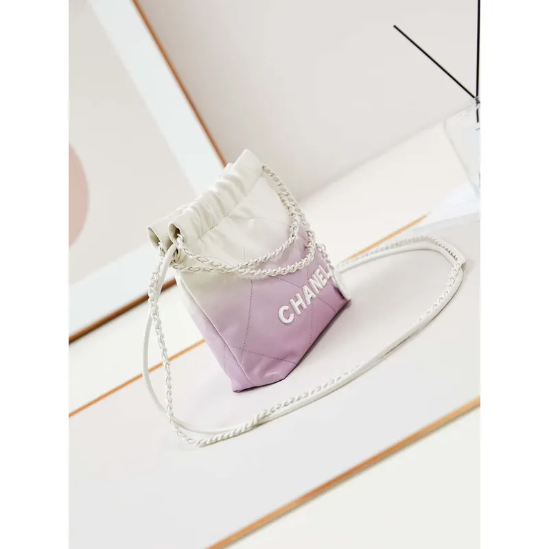 Chanel 22 Mini Handbag Patent Gradient Calfskin Lacquered Metal AS3980 White & Light Purple