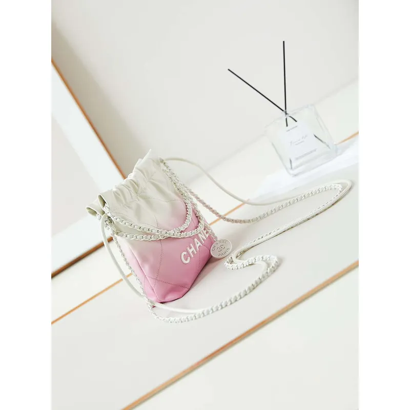 Chanel 22 Mini Handbag Patent Gradient Calfskin Lacquered Metal AS3980 White & Light Pink