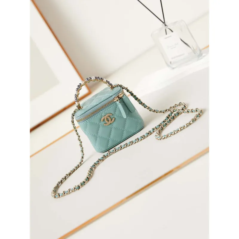 Chanel AP3805 Mini Clutch Lambskin Vanity Box bag With Pearl handle Green