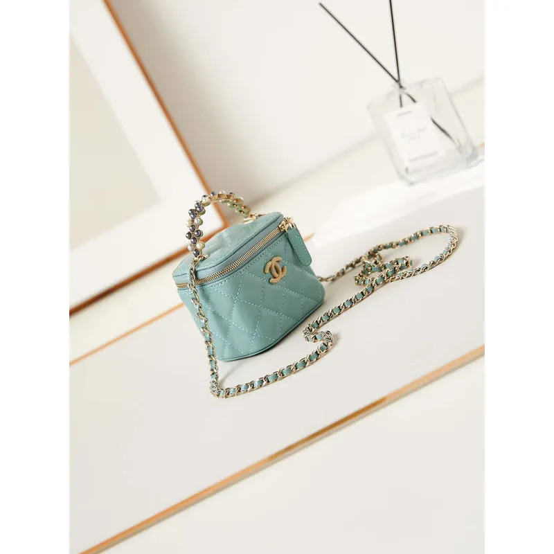 Chanel AP3805 Mini Clutch Lambskin Vanity Box bag With Pearl handle Green