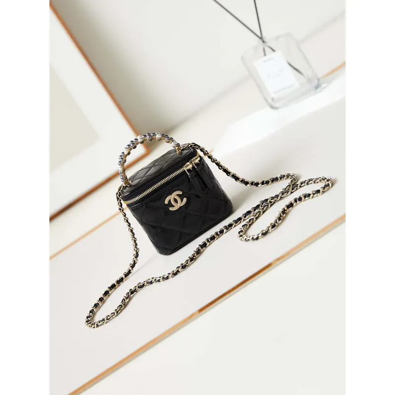 Chanel AP3805 Mini Clutch Lambskin Vanity Box bag With Pearl handle Black
