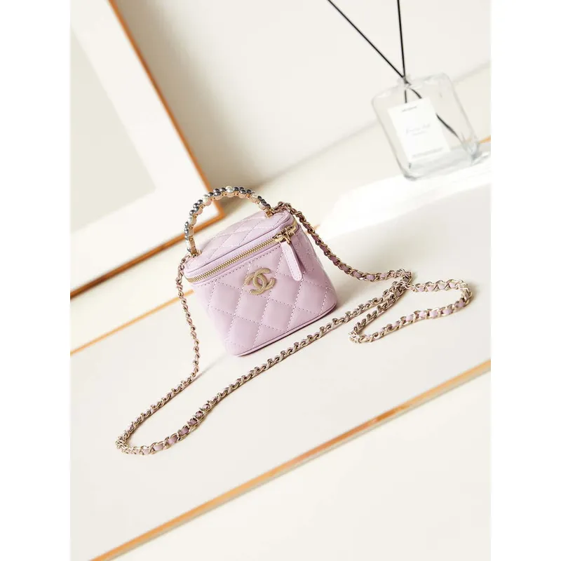 Chanel AP3805 Mini Clutch Lambskin Vanity Box bag With Pearl handle Pink