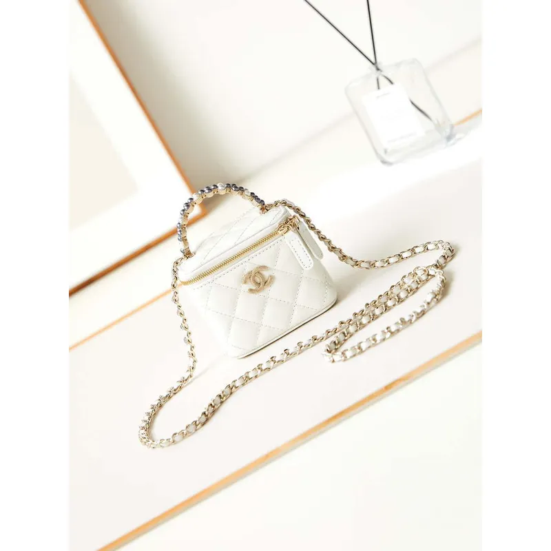 Chanel AP3805 Mini Clutch Lambskin Vanity Box bag With Pearl handle White
