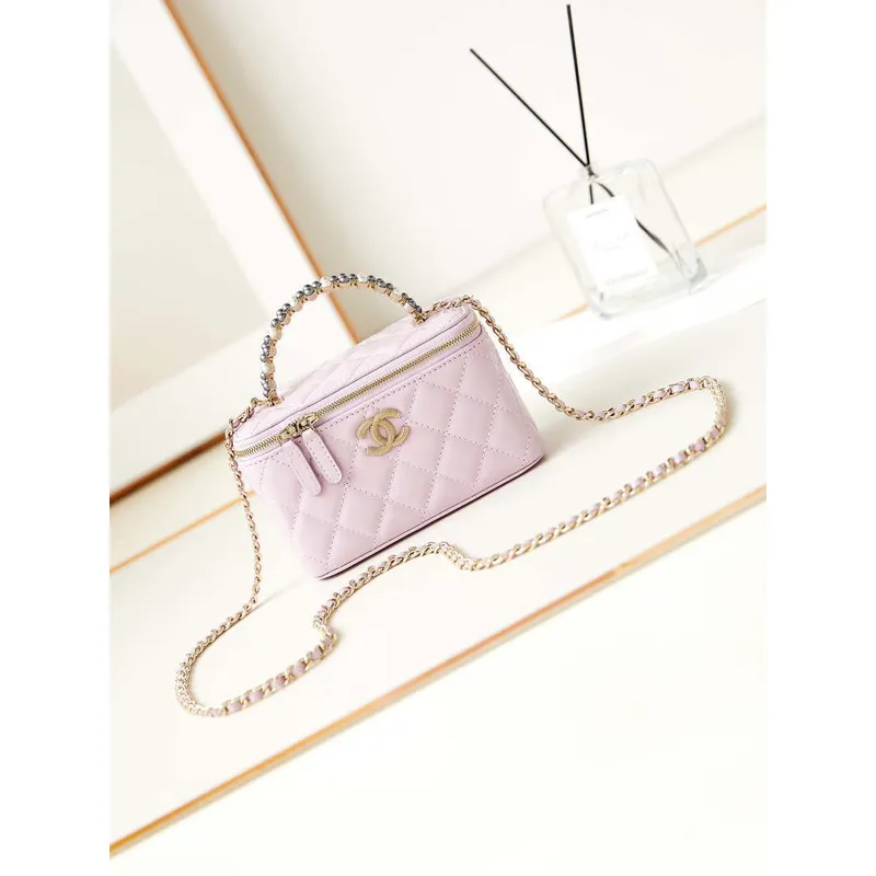 Chanel AP3804 Clutch Lambskin Vanity Box bag With Pearl handle Pink