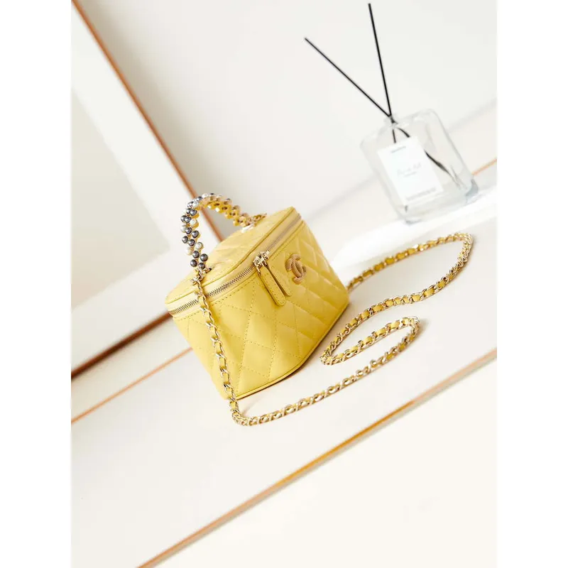 Chanel AP3804 Clutch Lambskin Vanity Box bag With Pearl handle Yellow