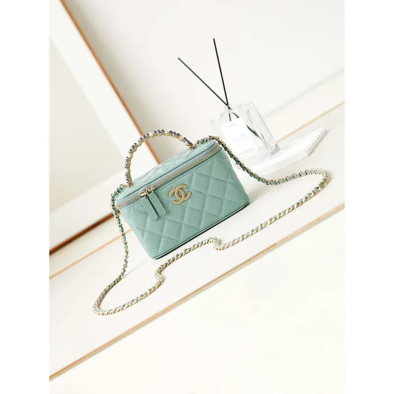Chanel AP3804 Clutch Lambskin Vanity Box bag With Pearl handle Green