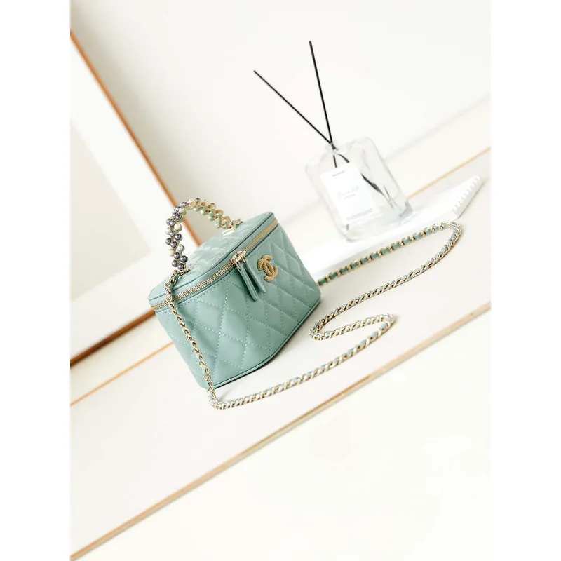 Chanel AP3804 Clutch Lambskin Vanity Box bag With Pearl handle Green