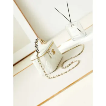 Chanel AP3804 Clutch Lambskin Vanity Box bag With Pearl handle White