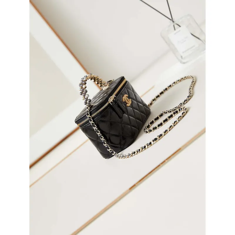 Chanel AP3804 Clutch Lambskin Vanity Box bag With Pearl handle Black