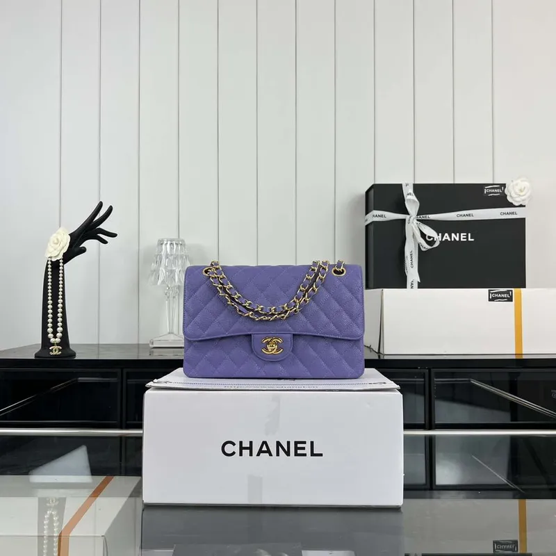 Chanel A01112 Flap Classic Handbag Grained Calfskin & Gold Tone Metal Purple