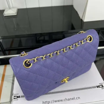 Chanel A01112 Flap Classic Handbag Grained Calfskin & Gold Tone Metal Purple