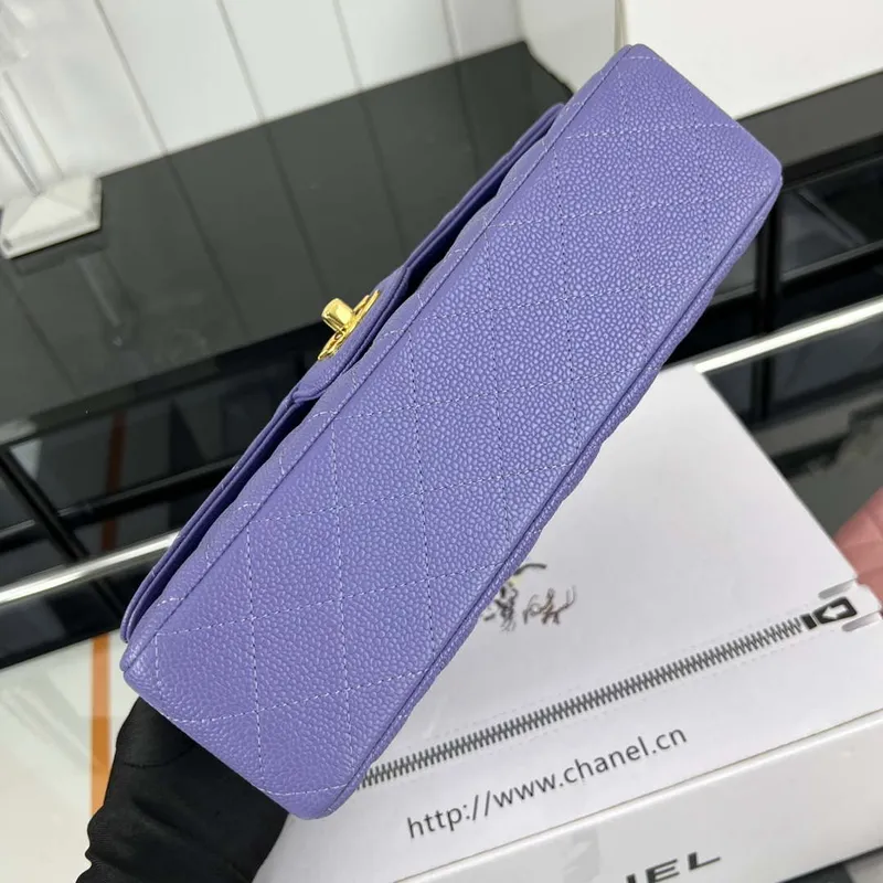 Chanel A01112 Flap Classic Handbag Grained Calfskin & Gold Tone Metal Purple