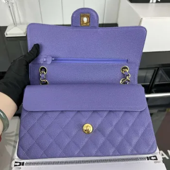 Chanel A01112 Flap Classic Handbag Grained Calfskin & Gold Tone Metal Purple
