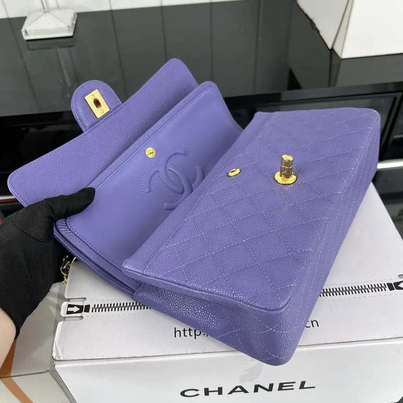 Chanel A01112 Flap Classic Handbag Grained Calfskin & Gold Tone Metal Purple