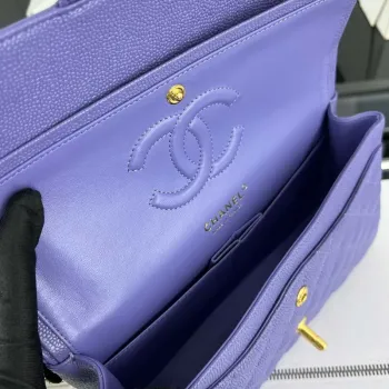 Chanel A01112 Flap Classic Handbag Grained Calfskin & Gold Tone Metal Purple