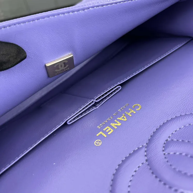 Chanel A01112 Flap Classic Handbag Grained Calfskin & Gold Tone Metal Purple