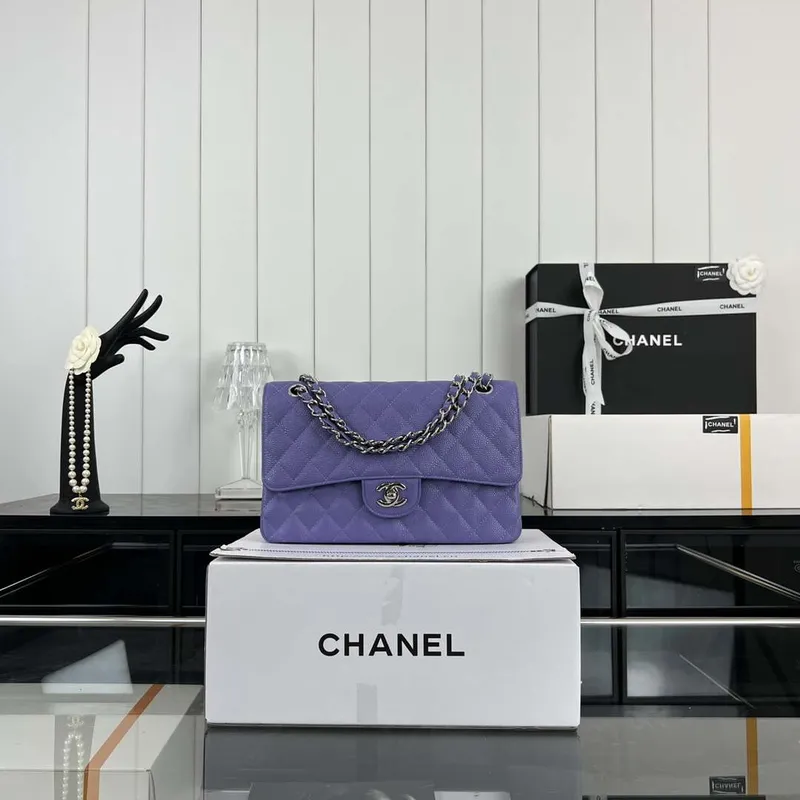 Chanel A01112 Flap Classic Handbag Grained Calfskin & Silver Tone Metal Purple