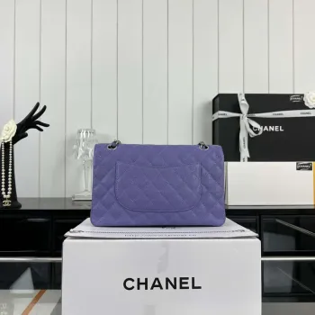 Chanel A01112 Flap Classic Handbag Grained Calfskin & Silver Tone Metal Purple