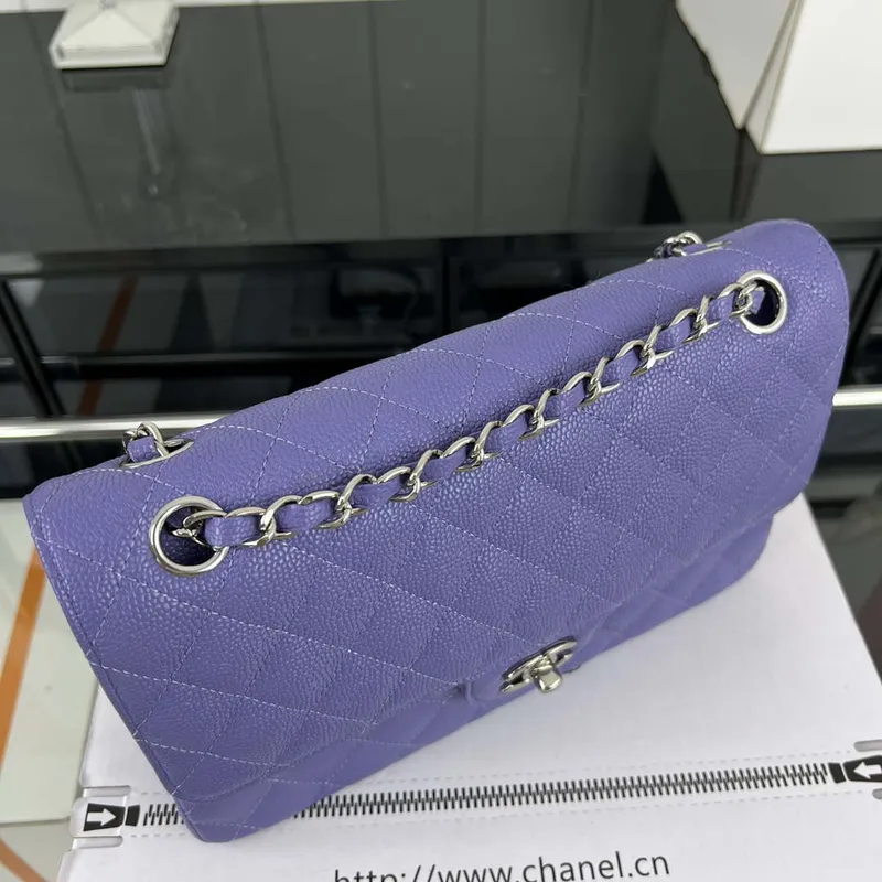 Chanel A01112 Flap Classic Handbag Grained Calfskin & Silver Tone Metal Purple