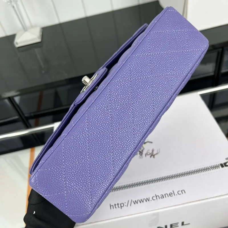 Chanel A01112 Flap Classic Handbag Grained Calfskin & Silver Tone Metal Purple