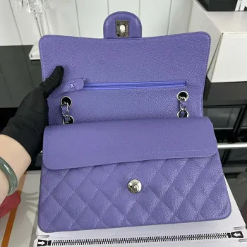 Chanel A01112 Flap Classic Handbag Grained Calfskin & Silver Tone Metal Purple