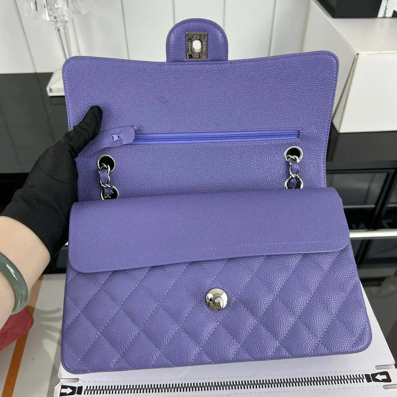 Chanel A01112 Flap Classic Handbag Grained Calfskin & Silver Tone Metal Purple