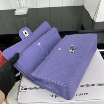 Chanel A01112 Flap Classic Handbag Grained Calfskin & Silver Tone Metal Purple