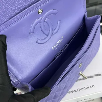 Chanel A01112 Flap Classic Handbag Grained Calfskin & Silver Tone Metal Purple